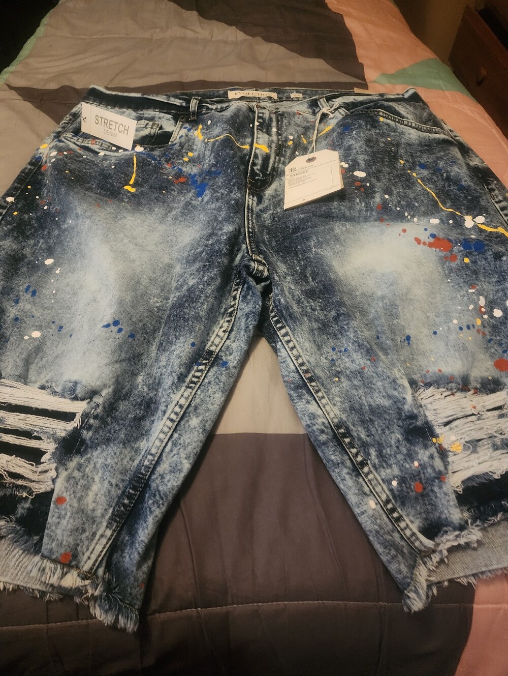 Evolution and Creation Blue Distressed Paint-Splatter Jean Shorts